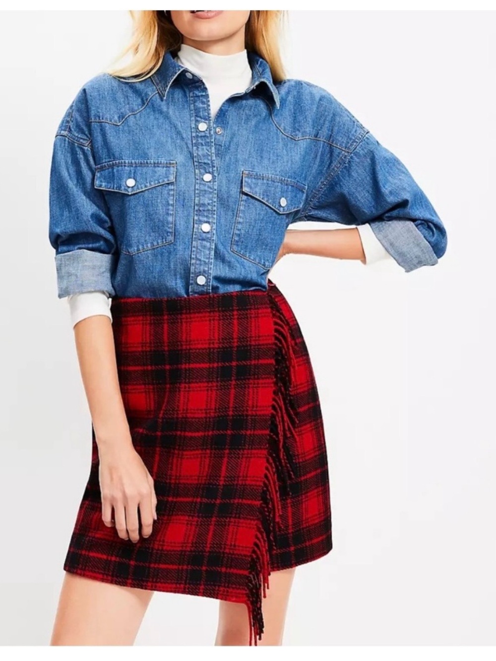 LOFT Plaid Fringe Mini Wrap Skirt NWT Sz 4